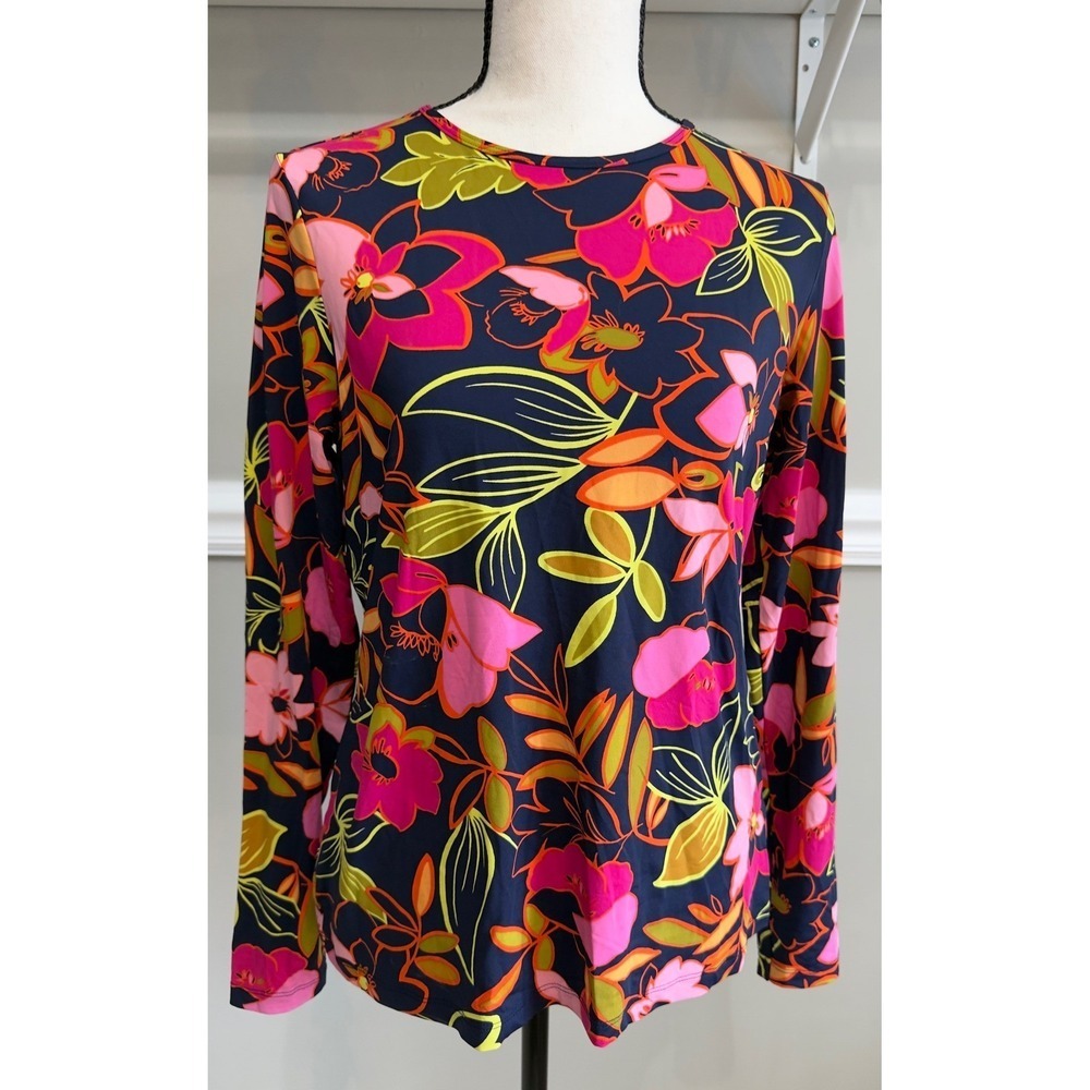 Lands End Navy Blue Pink Floral Long Sleeve Crewneck Jersey Top Womens M - Picture 4 of 4